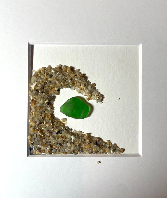 One of a Kind - Dark Green Sea Glass & Sand Wave Shadowbox Art -  NJ