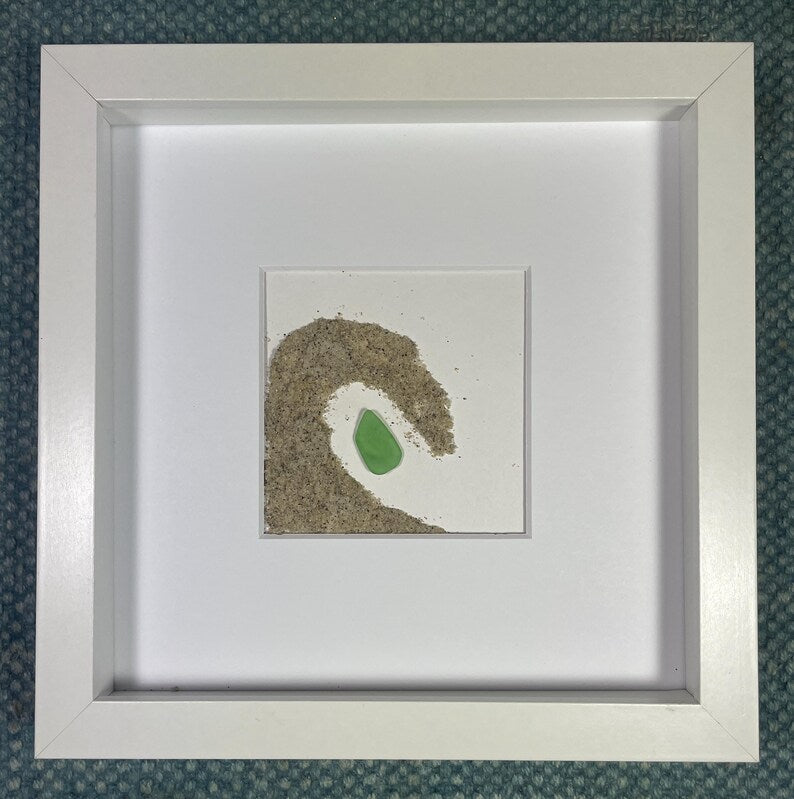 One of a Kind - Green Sea Glass & Sand Wave Shadowbox Art  - Spring Lake , NJ