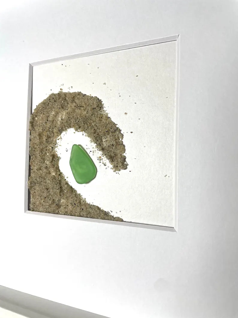 One of a Kind - Green Sea Glass & Sand Wave Shadowbox Art  - Spring Lake , NJ